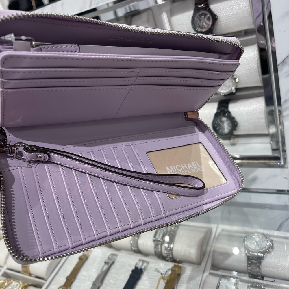 MICHAEL KORS Jet Set Large Signature Logo Continental Wallet Wristlet Lt Quartz - Picture 14 of 16